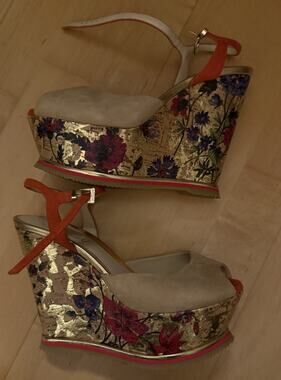 NEW Loriblu floral Summer printed cork wedge Sandals Red Tan Suede 37.5